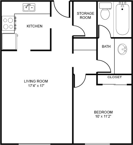 Floor plan for 1 bed, 1 bath, 670 sqft